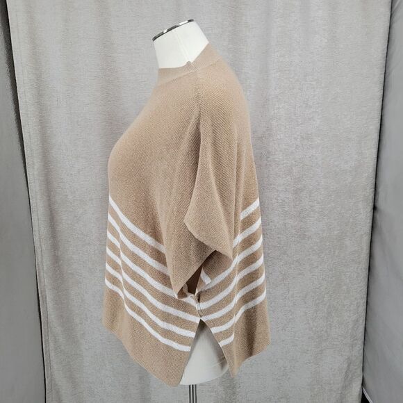 J. Crew One Size Sweater Poncho Tan White Stripes Mock Neck Women's - Picture 4 of 10